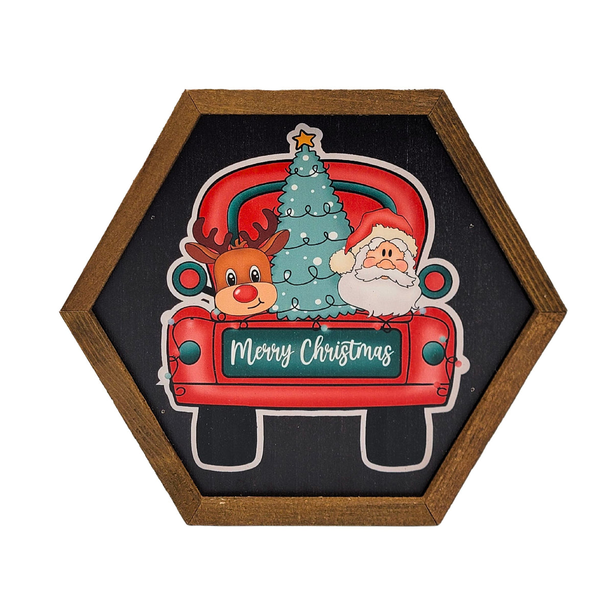 Merry Christmas Truck Holiday Decor - 8x7 Hexagon Sign - EW063 - 2 Per Pack ($8.75 Ea. Sign)