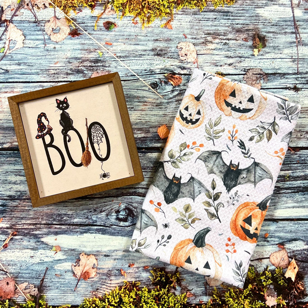 Fall Pumpkins With Halloween Bat Waffle (Pack Of 2 - $6.95 Ea. Towel) - WFL003