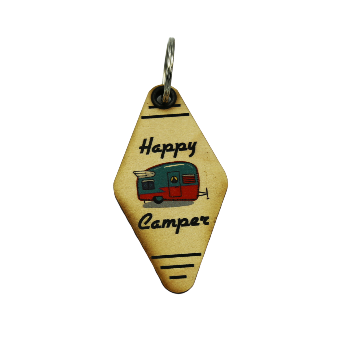 Wood Keychain - "Happy Camper". - 6 Per Pack ($2.25 Ea. Keychain)