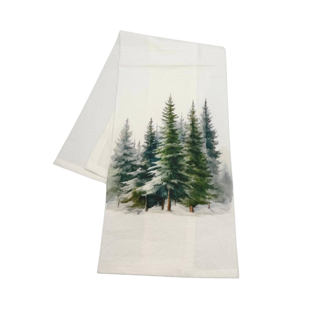 Winter Pine Trees Flour Sack Tea Towel, Snowy Watercolor