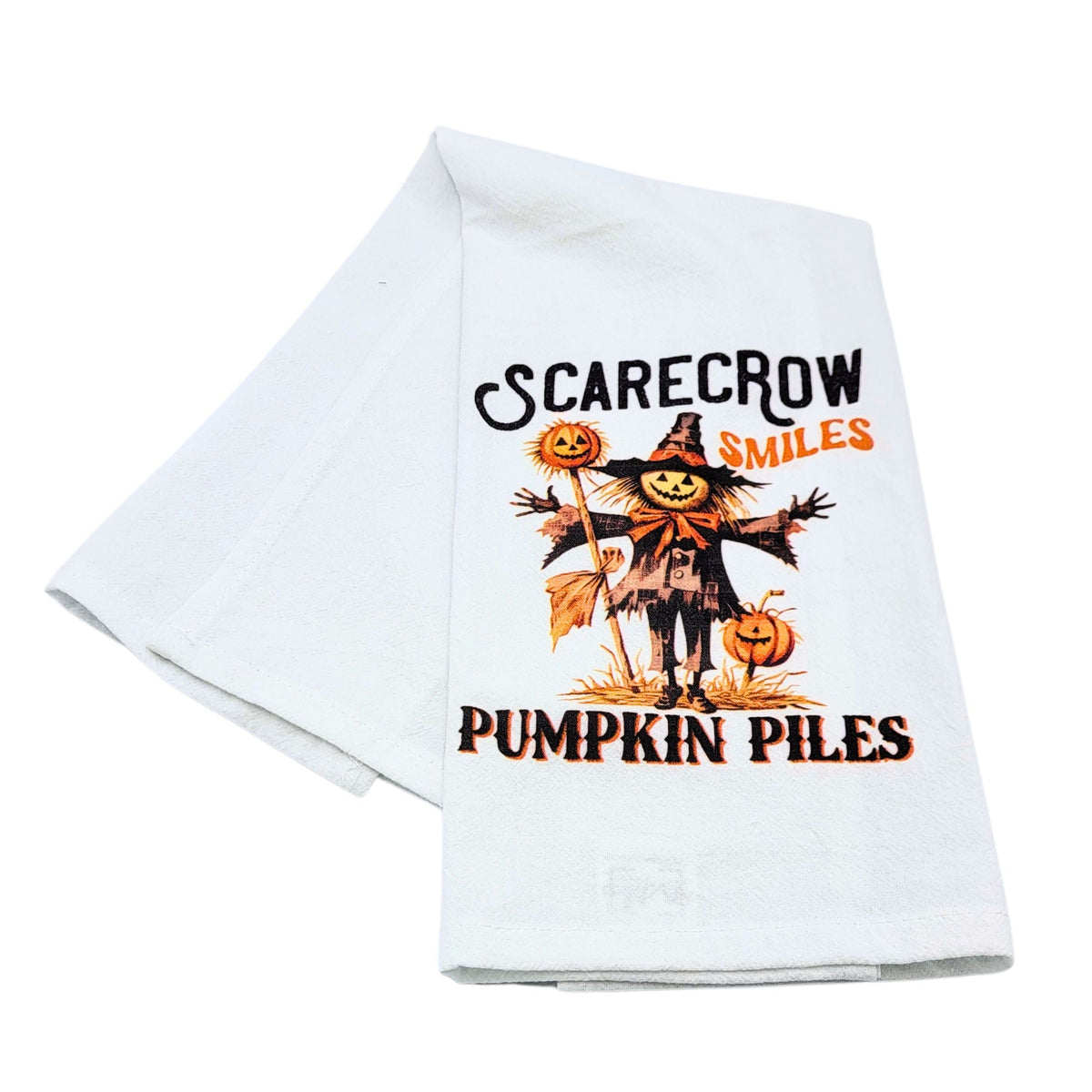 "Scarecrow Smiles Pumpkin Piles" Halloween Tea Towel (Pack Of 4- $4.95ea.) -  CLT020