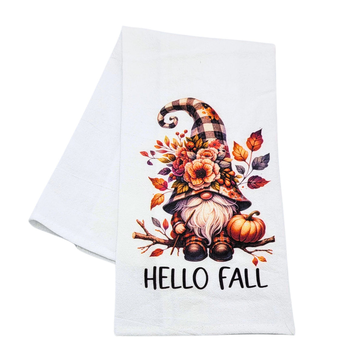 "Hello Fall" Gnome With Flowers Tea Towel (Pack Of 4- $4.95ea.) -  CLT033