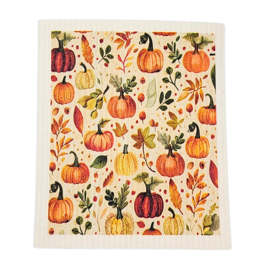 Pumpkins & Autumn Leaves Swedish Dishcloth - Fall Decor (4 Per Pack - $2.55 Ea.)