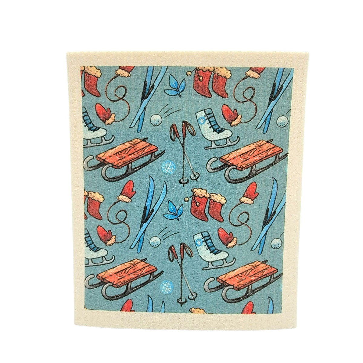 Ski's, Sled & Skates Swedish Dishcloth - Christmas Decor ( 4 Per Pack - $2.55 Ea.)