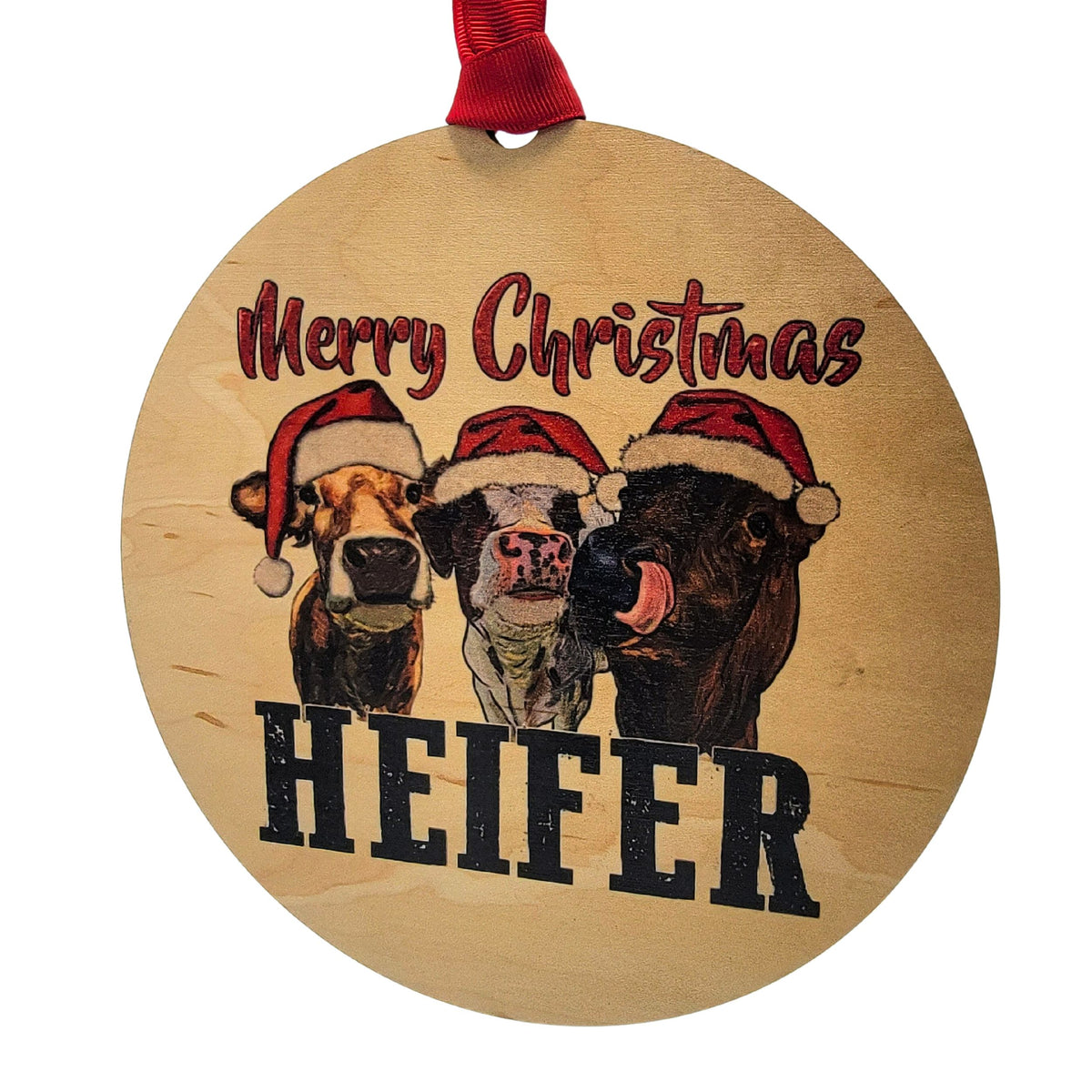 Merry Christmas Heifer Mantle Christmas Ornaments Wood - WXL023 - 4 Per Pack ($4.95 Ea. Ornament)