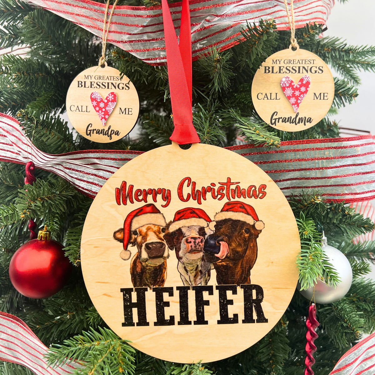 Merry Christmas Heifer Mantle Christmas Ornaments Wood - WXL023 - 4 Per Pack ($4.95 Ea. Ornament)