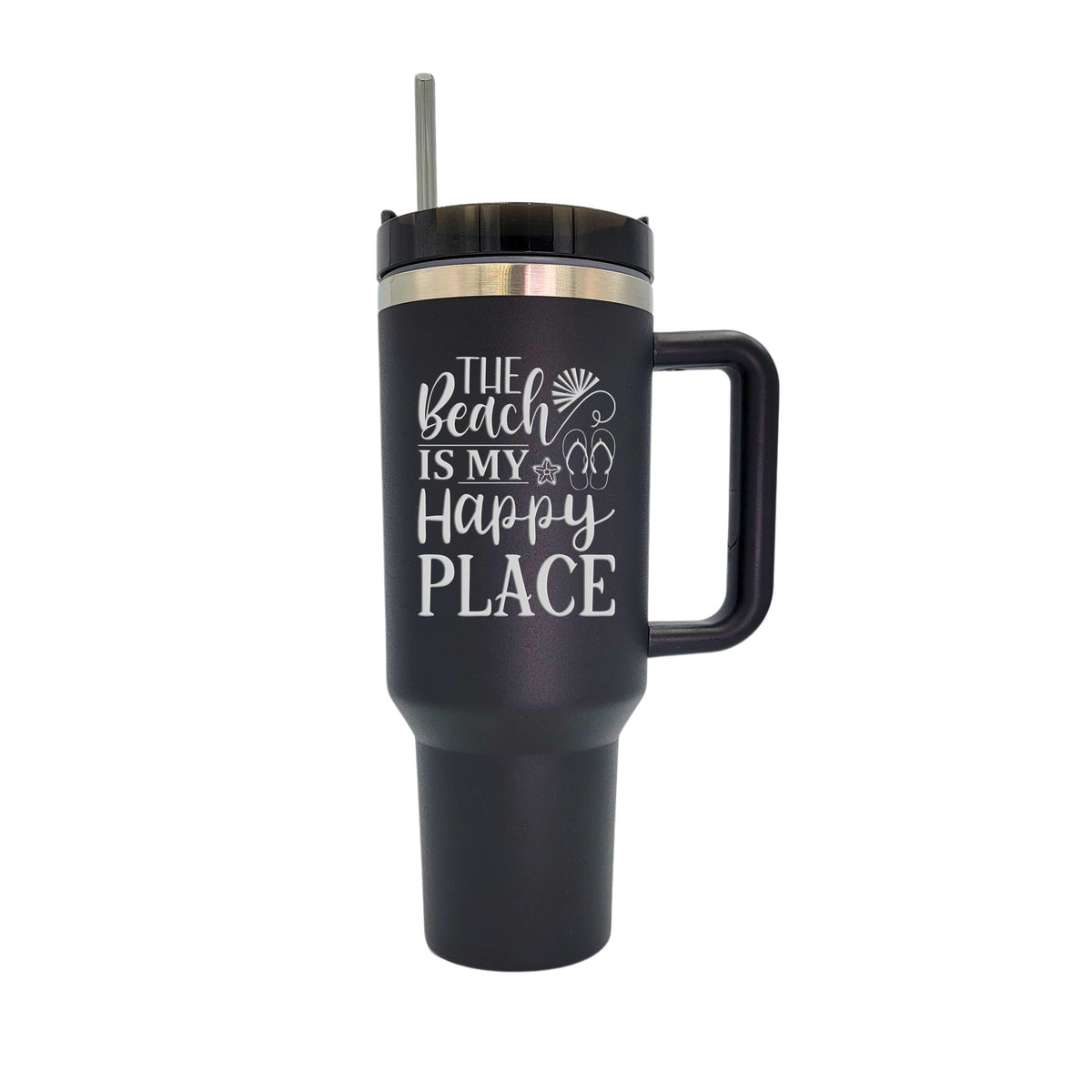 40 Oz. Beach Is My Happy Engraved Handled Tumbler With Straw(2 Tumblers Per Pack)