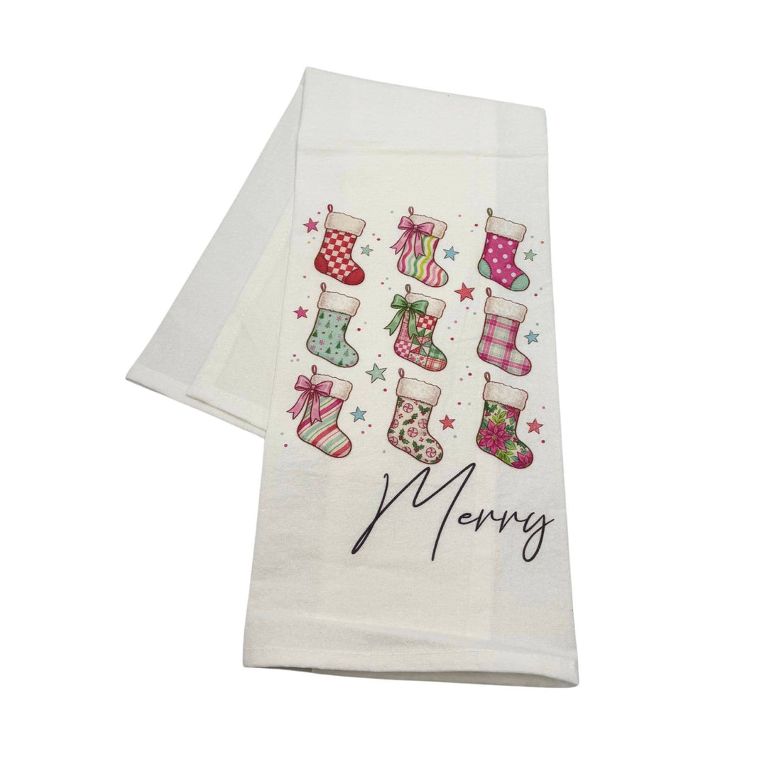Pink Christmas Stockings Flour Sack Tea Towel, Merry