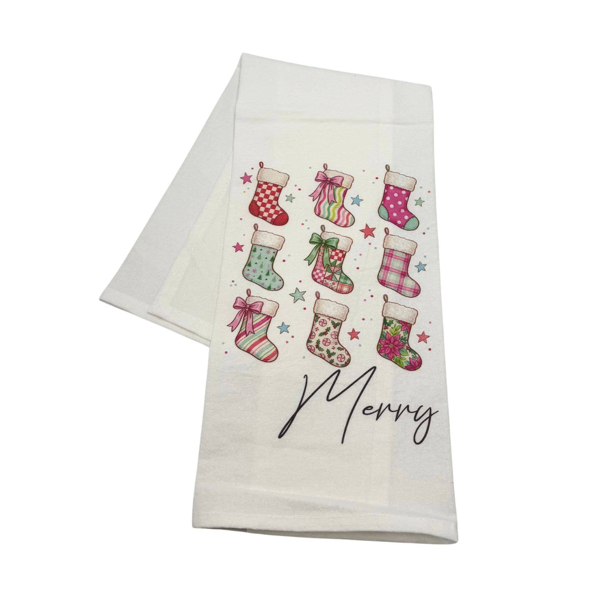 Pink Christmas Stockings Flour Sack Tea Towel, Merry