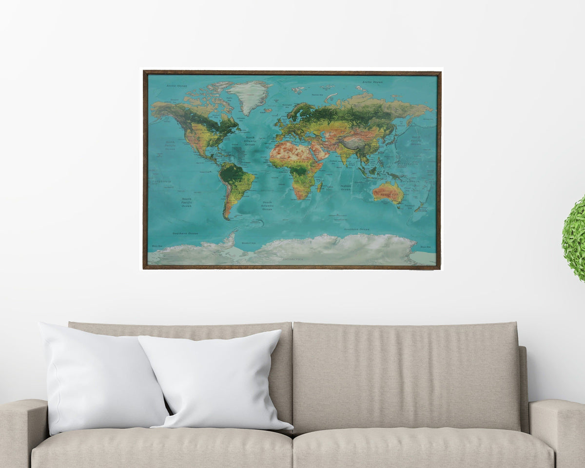 24x16 - Geographical Teal Natural Earth World Map - Travel Map - SM002 - Driftless Studios