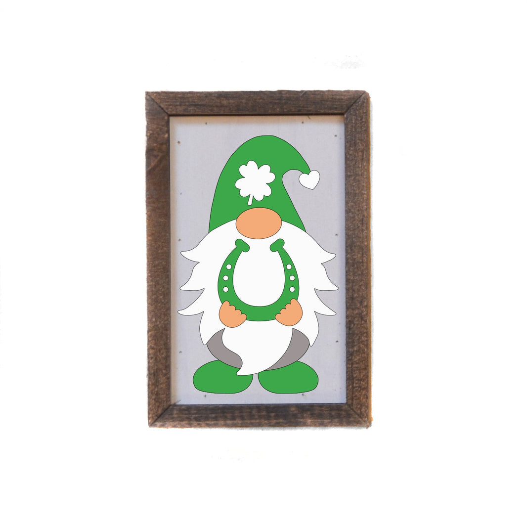 "Green Shamrock Gnome With Horseshoe" 4"x6" Wood Sign - AW034 - 2 Per Pack ($6.00 Ea. Sign)