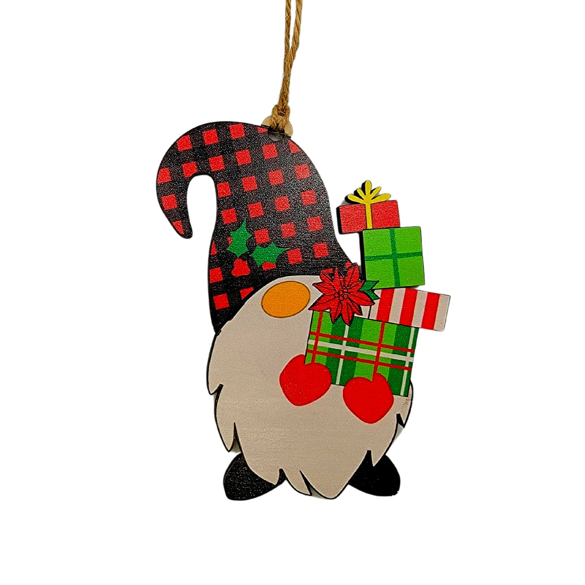 Cut Out Gnome With Presents Christmas Ornament - WSH005 - 6 Per Pack ( $3.75 Per Ornament)