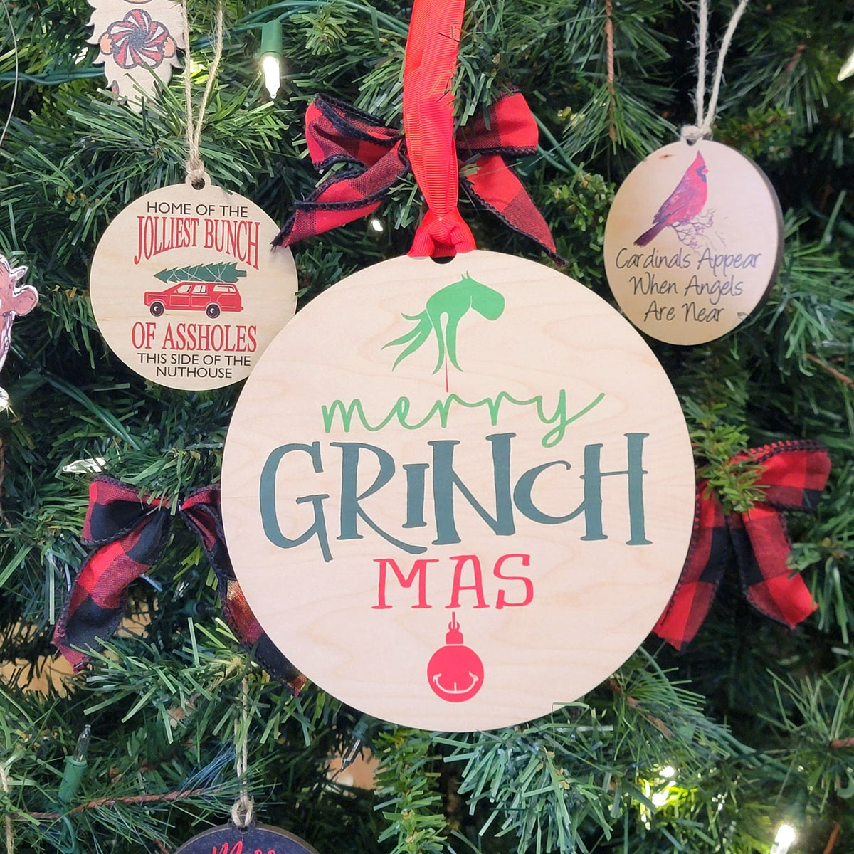 "Merry Grinch Mas" Mantle or Wreath Ornament - WXL009 - 4 Per Pack ($4.95 Ea. Ornament)
