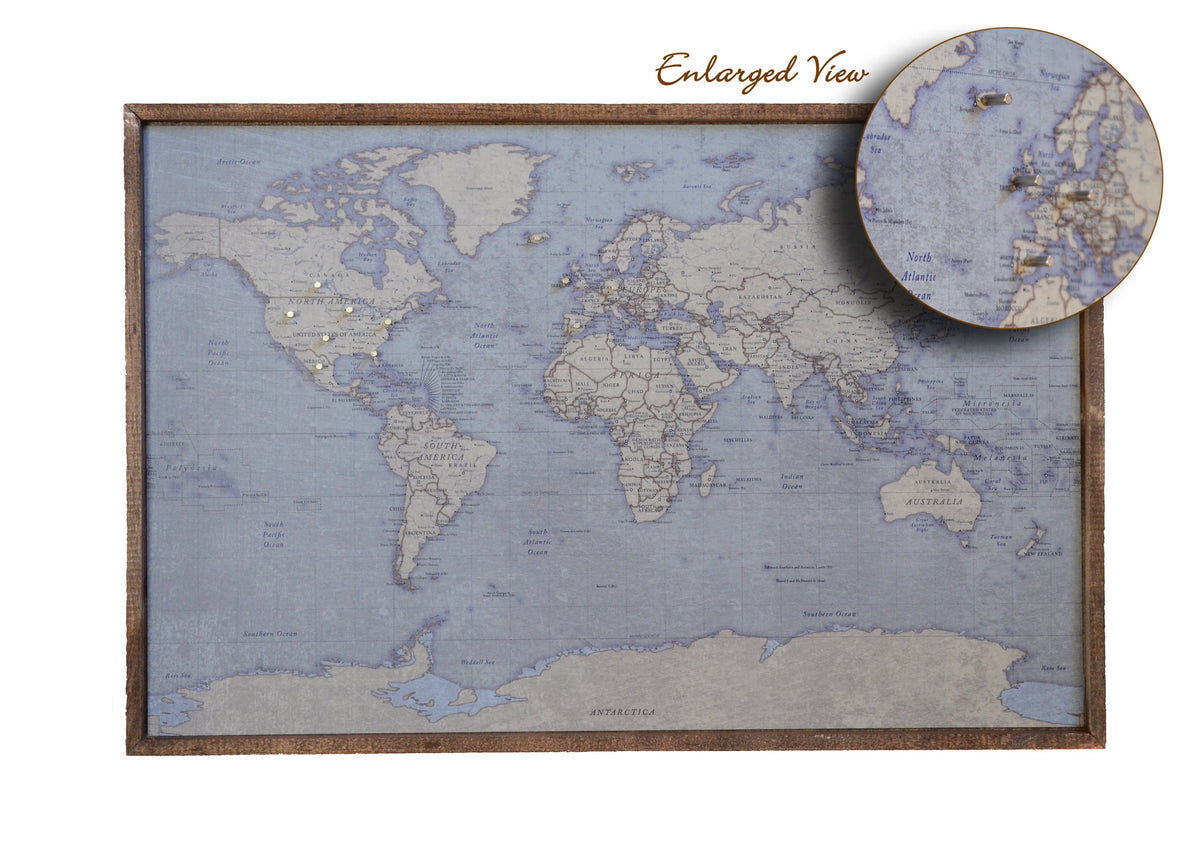 24x16 - Antique Tan World Map Magnetic Pin - Travel Map - SM005 - Driftless Studios