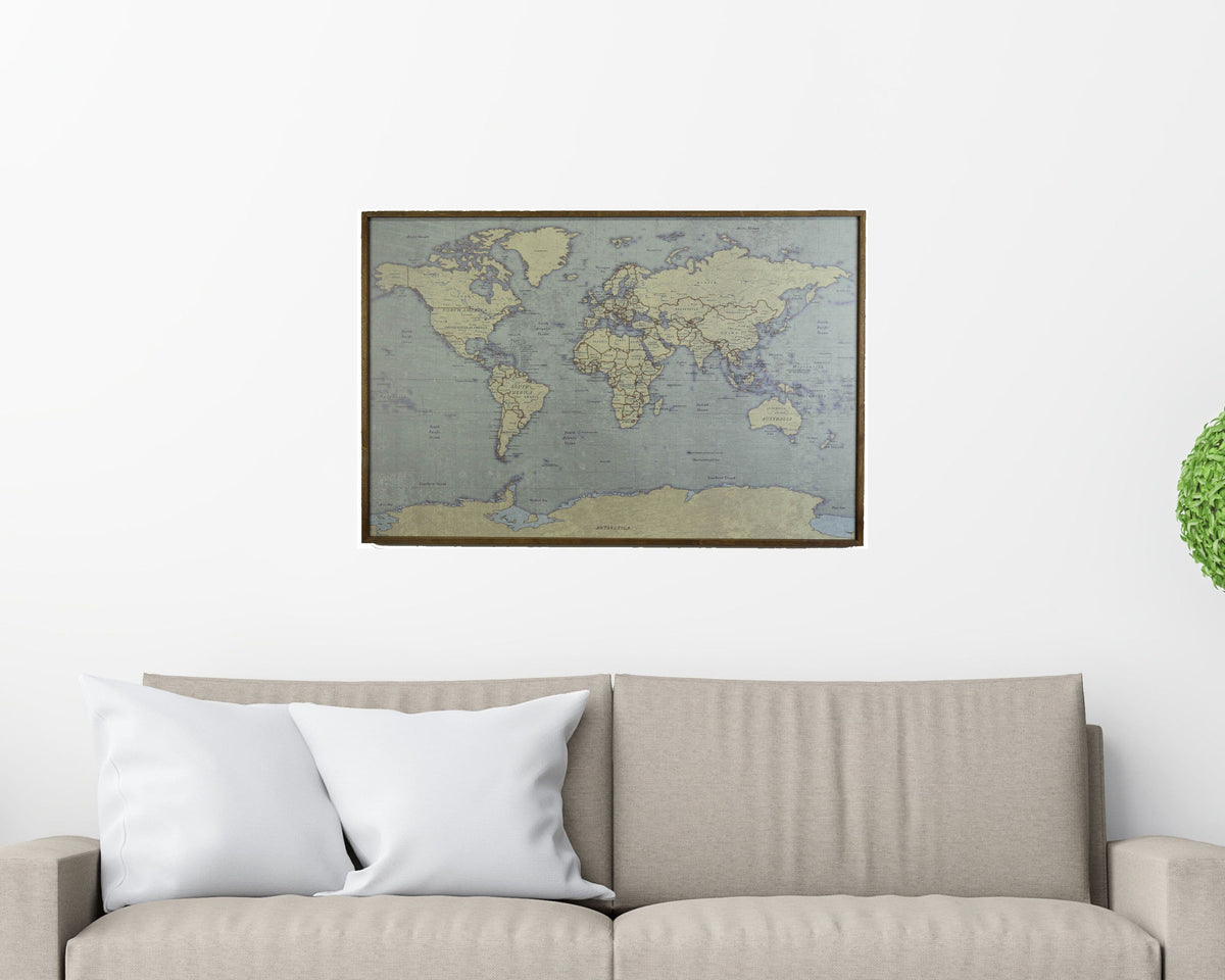 24x16 - Antique Tan World Map Magnetic Pin - Travel Map - SM005 - Driftless Studios